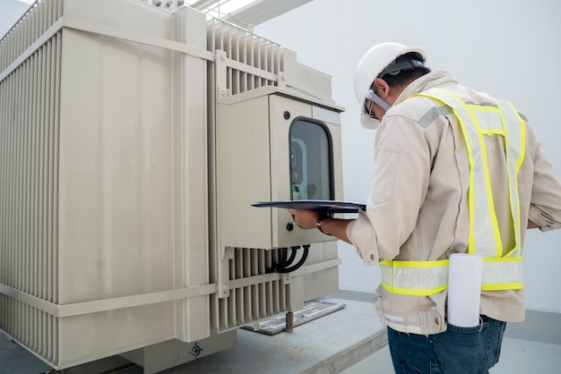 Foto ingeniero de energía eléctrica compruebe el transformador eléctrico en el sitio de construcción