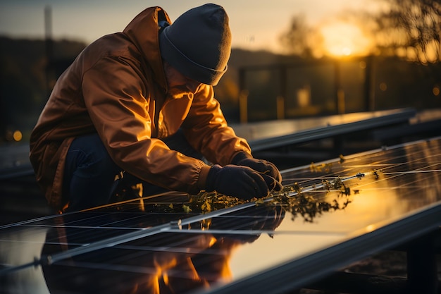 Ingeniero de energía solar instalando paneles solares en el techo técnico eléctrico en el trabajo alternativ