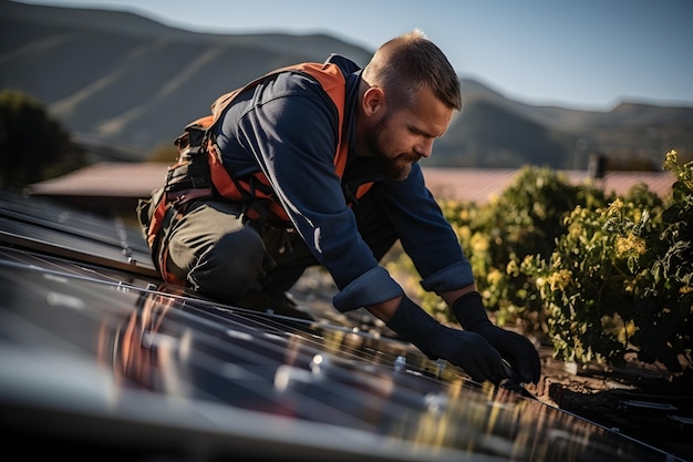 Ingeniero de energía solar instalando paneles solares en el techo técnico eléctrico en el trabajo alternativ