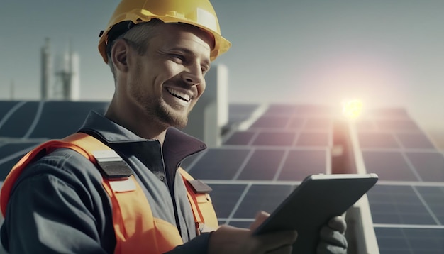 Ingeniero de energía solar revisa la central eléctrica con una tableta sonriendo en el techo IA generativa