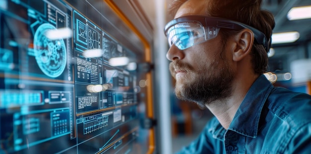 Un ingeniero enfocado con gafas de realidad aumentada revisa los datos holográficos para el mantenimiento y