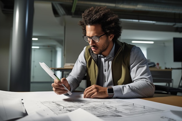 Ingeniero enfocado joven profesional analizando planos arquitectónicos