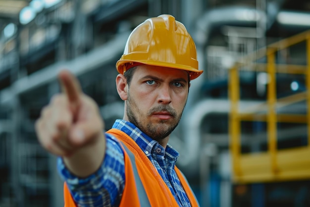 Foto el ingeniero enojado de stern señala la mano para generar ai.