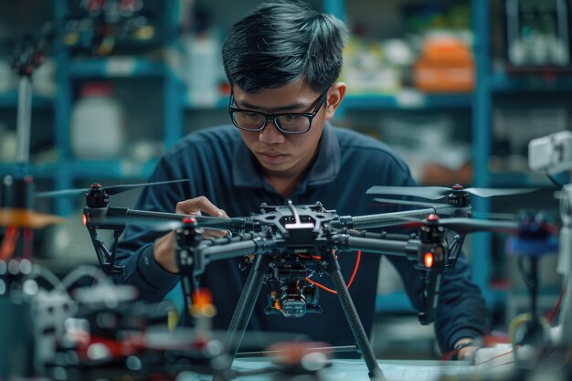 Ingeniero ensambla un quadcopter drone de grado militar en un taller de innovación en tecnología de defensa