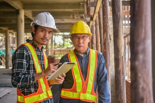 Ingeniero de equipo Arquitecto de dos hombres en un sitio de construcción