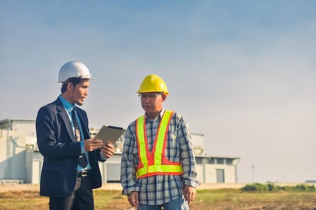 Ingeniero de equipo Arquitecto de dos hombres en un sitio de construcción