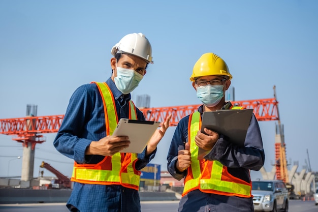 Ingeniero de equipo Arquitecto de dos hombres en un sitio de construcción