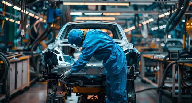Ingeniero de equipo de protección trabajando en el marco de un automóvil sin color en una moderna fábrica automotriz