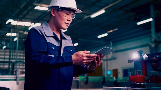 El ingeniero está usando una tableta para verificar el sistema de control de la máquina en una fábrica.