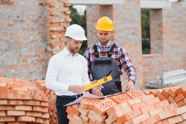 El ingeniero estructural y el capataz discuten el plan de trabajo para el sitio de construcción del edificio al aire libre