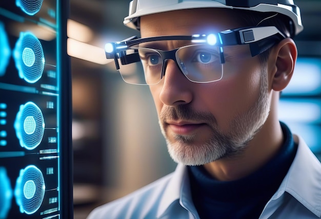 Foto ingeniero examinando tecnología de ia con reflejo en gafas