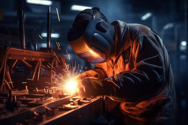 Ingeniero experto en soldadura de metal en la fábrica iluminada