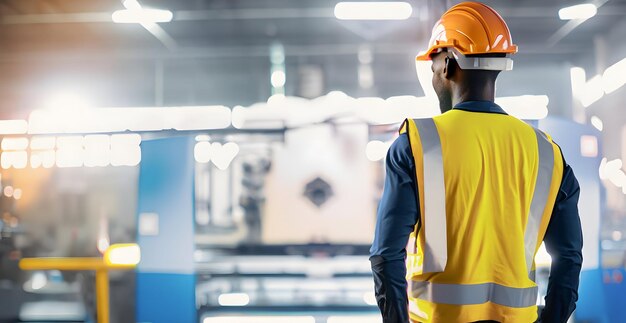 Foto ingeniero de fábrica industrial con casco en el trabajo vista posterior de trabajo