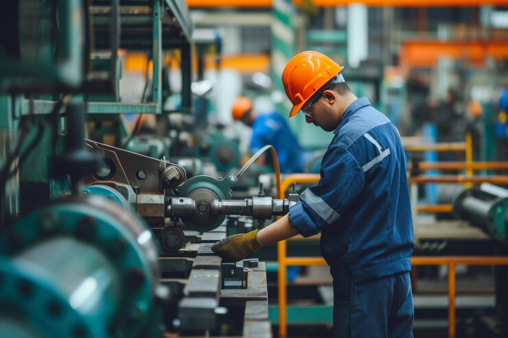 Ingeniero de fábrica que opera el doblador de tubos hidráulicos