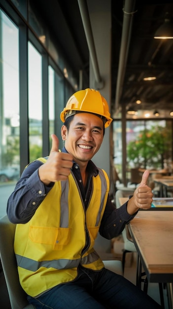 ingeniero feliz señalando y sentado en una silla en el café