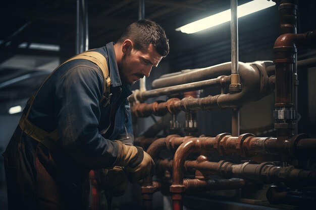 Ingeniero fontanero adulto que repara tuberías