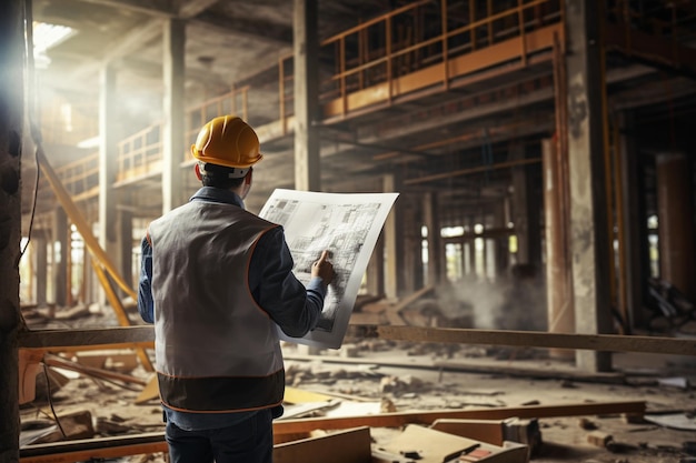 El ingeniero fotográfico está inspeccionando su trabajo en el sitio de construcción.