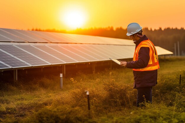 Ingeniero fotovoltaico trabajando en tableta digital en planta de energía solar