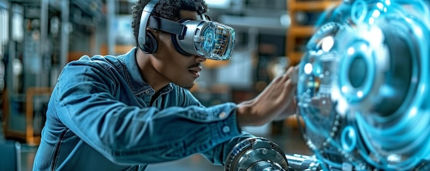Un ingeniero futurista trabajando en una máquina compleja rodeado de simulaciones holográficas y usando un auricular de realidad virtual