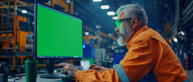Foto un ingeniero con gafas trabaja en una computadora de escritorio con una pantalla verde en el monitor