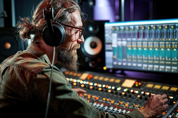 Foto ingeniero de grabación en un estudio con auriculares