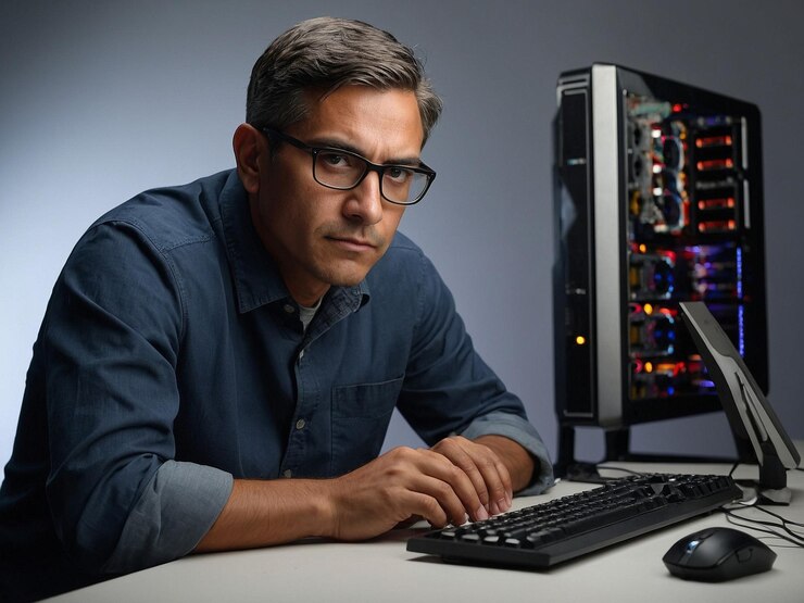Foto ingeniero de hardware de computadora inclinándose hacia adelante con ambos h_1