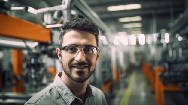 Ingeniero hispano sonriendo parado dentro de la fábrica inteligente con brazo robótico mirando la cámara con fondo borroso AI generativo AIG20