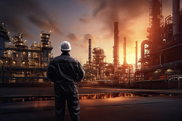 Ingeniero hombre con casco al atardecer en la refinería