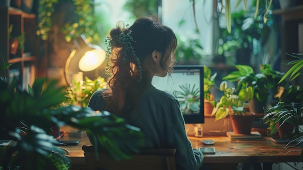 Ingeniero de IA trabajando remotamente desde una acogedora oficina en casa llena de plantas luz natural suave