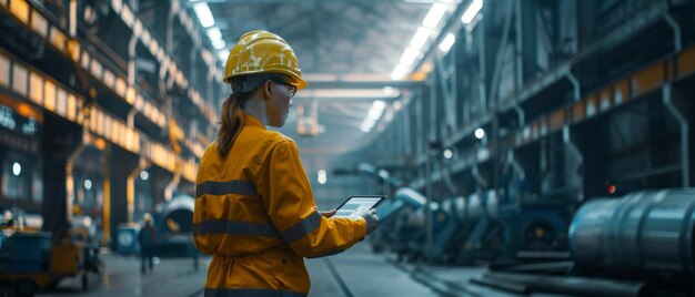 Ingeniero de la industria pesada con uniforme de seguridad y casco de seguridad Especialista industrial exitoso caminando en el almacén de fabricación de metales