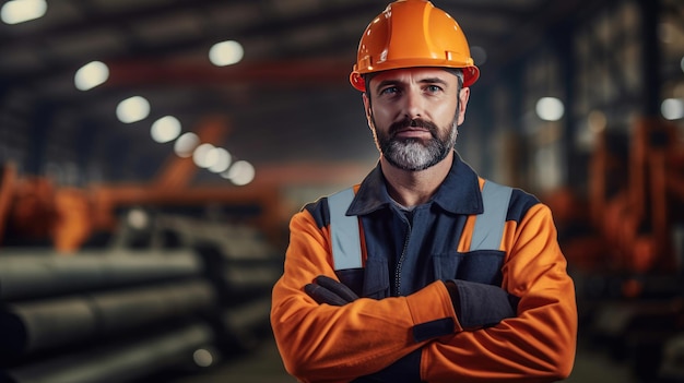 Un ingeniero industrial cruzó los brazos con confianza en el casco que usa una chaqueta de seguridad a través de la fábrica de fabricación de la industria pesada con varios procesos metalúrgicos Ai generativo