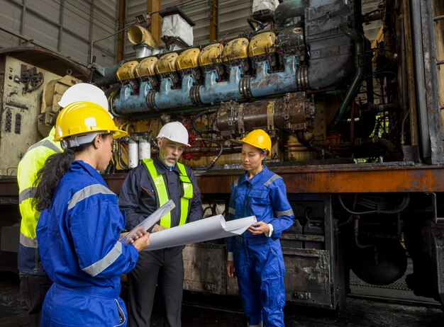 Ingeniero industrial equipo trabajador enseñanza ayuda amigo operar control máquina pesada en fábrica