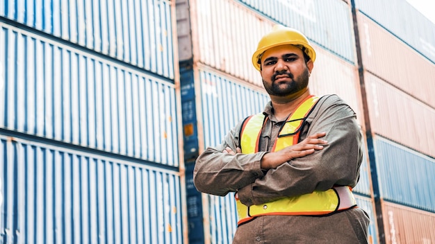 Ingeniero industrial indio atractivo en chaleco de seguridad de sombrero amarillo con contenedor borroso