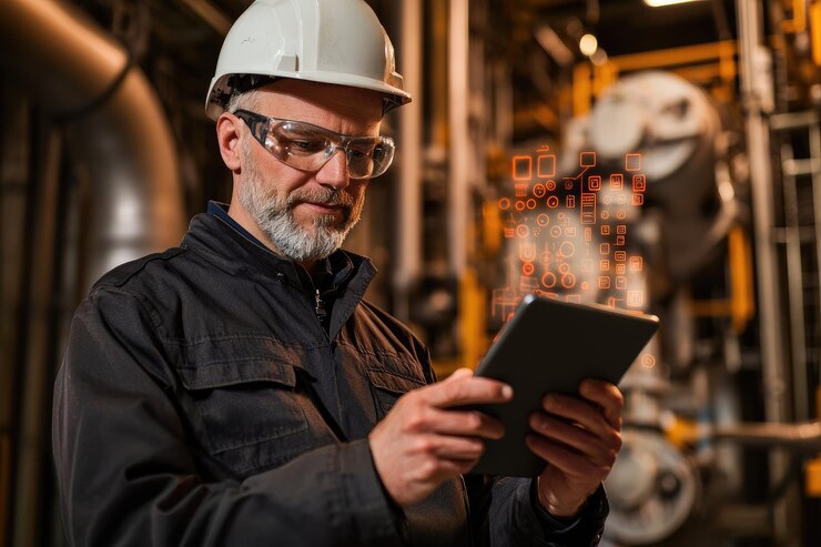 Ingeniero industrial que usa una tableta para el monitoreo digital