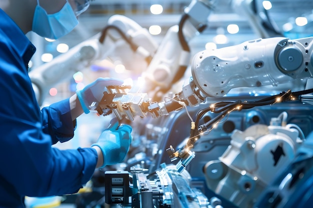 Ingeniero industrial trabajando con brazos robóticos automatizados en una fábrica inteligente
