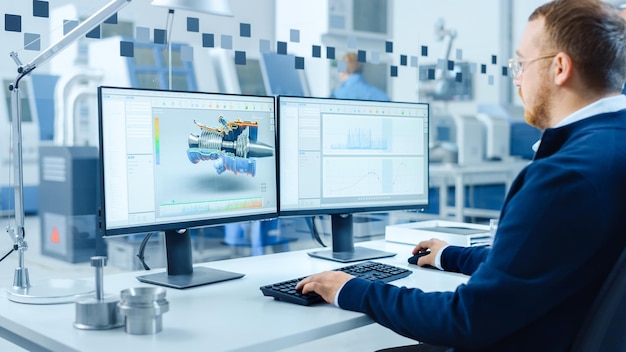 Ingeniero industrial trabajando en una computadora personal Dos pantallas de monitoreo muestran software CAD con prototipo 3D de motor eléctrico híbrido y gráficos Fábrica moderna con maquinaria de alta tecnología