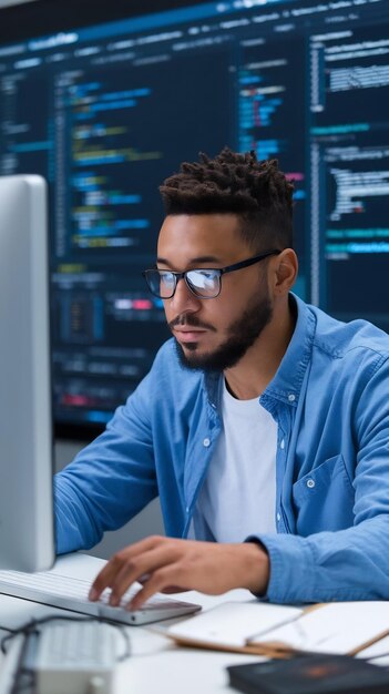Ingeniero de informática afroamericano programación de interfaz de código binario usando css html script y encriptio
