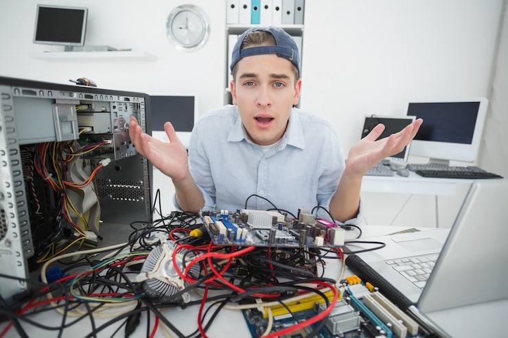 Foto ingeniero informático confundido trabajando en la consola rota con la computadora portátil