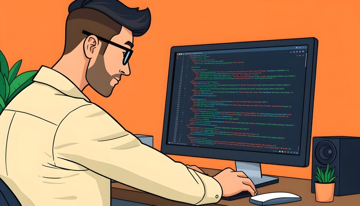 Foto ingeniero informático haciendo garantía de calidad de software leyendo el código fuente en la pantalla antes