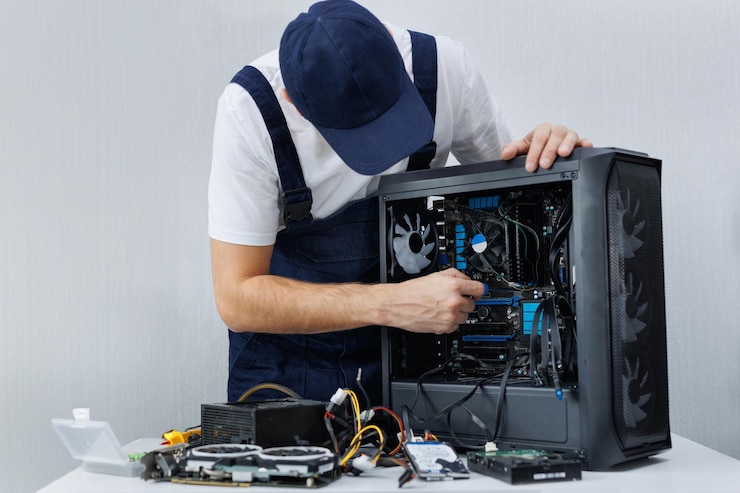 Foto un ingeniero informático en uniforme repara una computadora personal