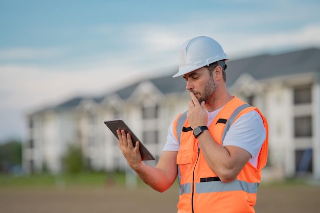 Ingeniero con inspección de construcción de tabletas hombre caucásico trabajador de la construcción en casco en construcción