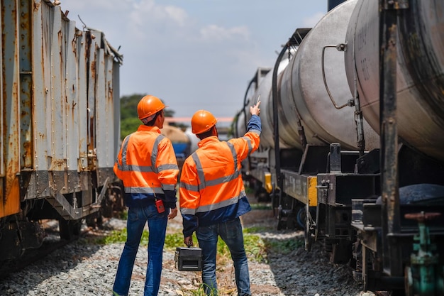 Ingeniero bajo inspección y control proceso de construcción ferrocarril y trabajo de control en la estación de ferrocarril Ingeniero con uniforme de seguridad y casco de seguridad en el trabajo