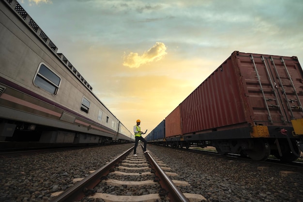 Ingeniero inspecciona un tren de contenedores de una empresa de transporte Distribución y transporte de mercancías por ferrocarril Un tren de contenidores que pasa por una zona industrial