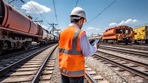 Foto ingeniero inspeccionando la construcción ferroviaria para un tren de carga de petróleo