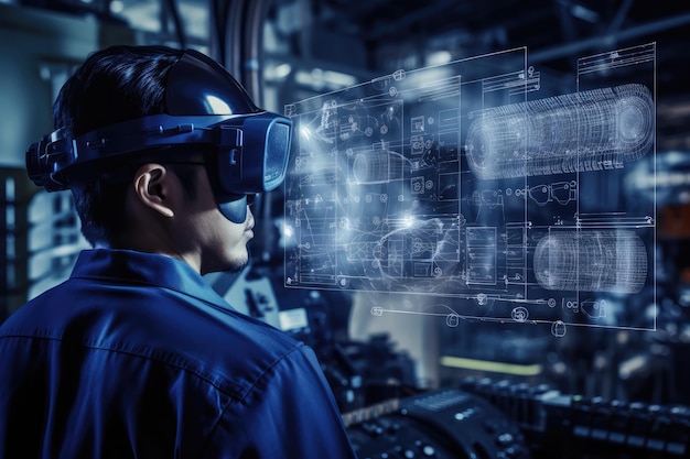 Foto ingeniero inspeccionando maquinaria con auriculares que superponen datos y esquemas para el análisis