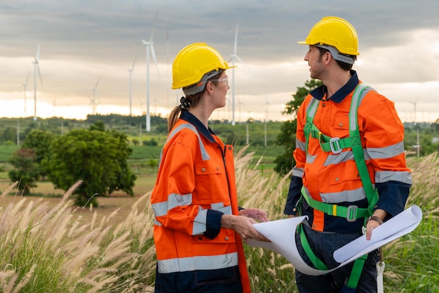 Ingeniero inteligente con casco protector sosteniendo el plano trabajando en el campo de turbinas eléctricas