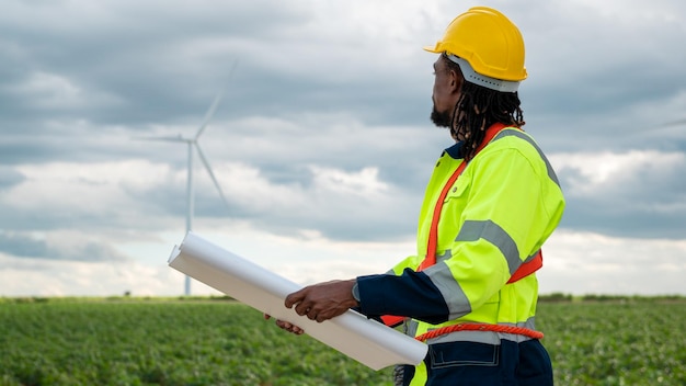 Ingeniero inteligente con casco protector sosteniendo el plano trabajando en el campo de turbinas eléctricas