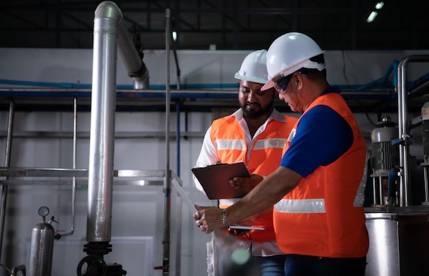 Foto ingeniero jefe de una planta mecánica inspección y explicación del mantenimiento de la máquina al mecánico