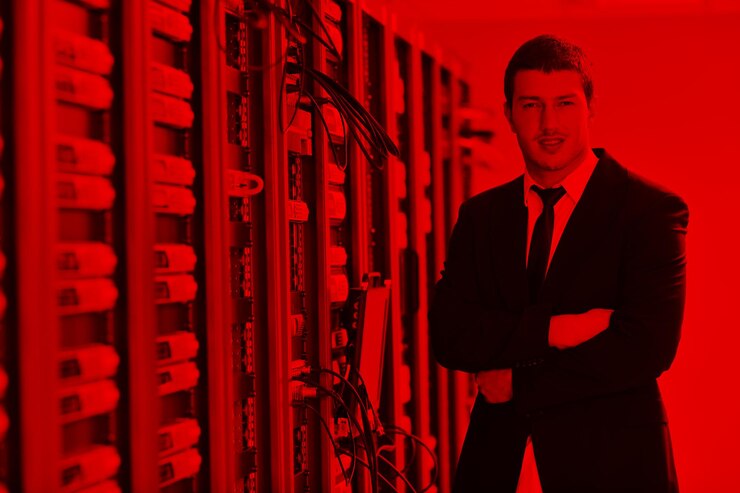 Foto ingeniero joven en la sala de servidores del centro de datos