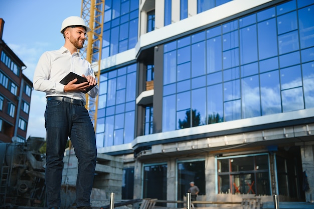 Ingeniero junto a la construcción de grúas. Concepto - gran proyecto de construcción. El arquitecto dirige el proceso de construcción. Dibujos y tableta en las manos.